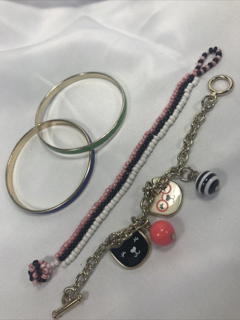 Little Girl Bracelet And Bangle Lot Of 4 Pink Green Gold Cat Pretend Jewelry